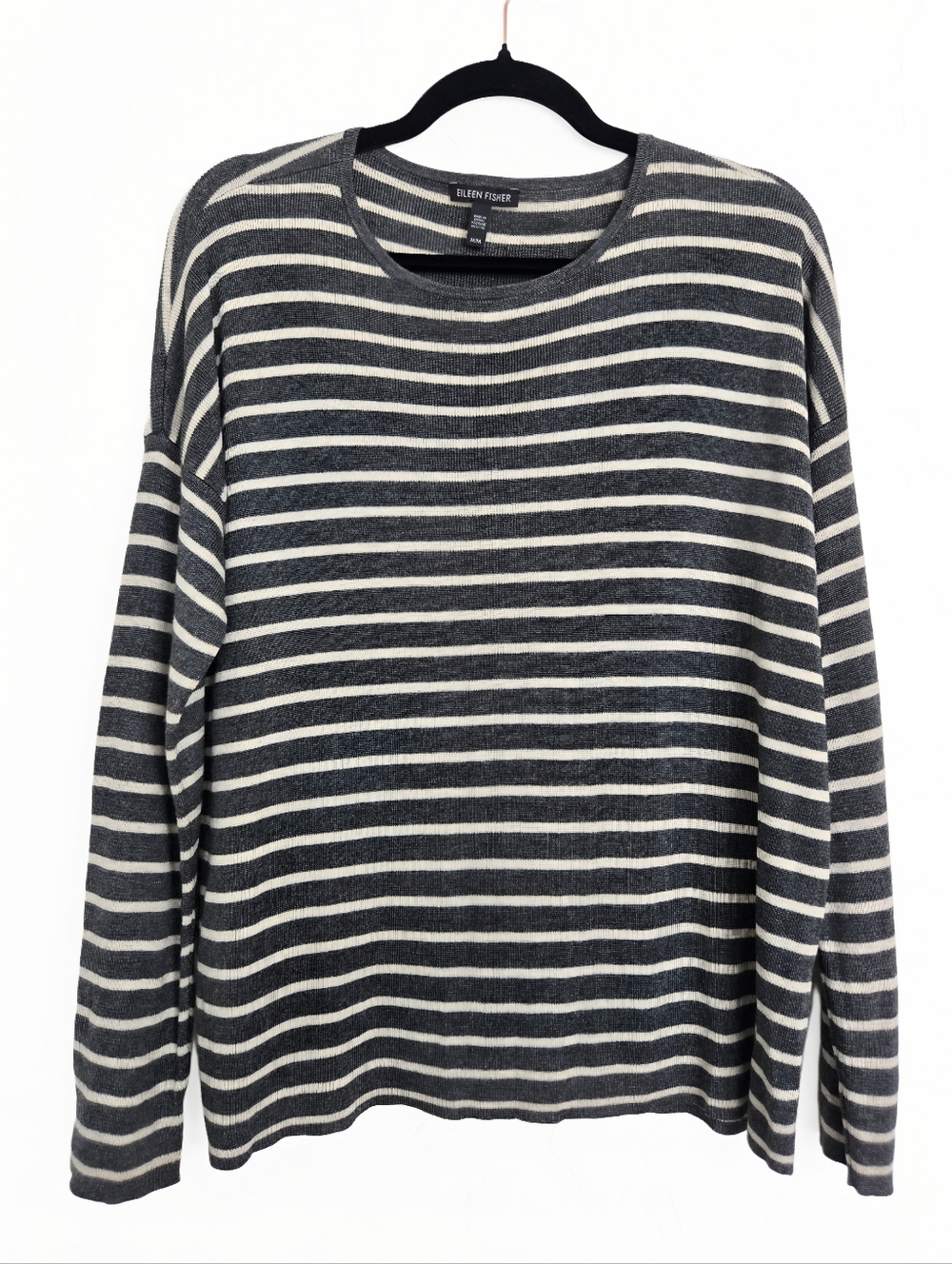 Eileen Fisher Striped Charcoal Gray Cream Lightweight Sweater, M